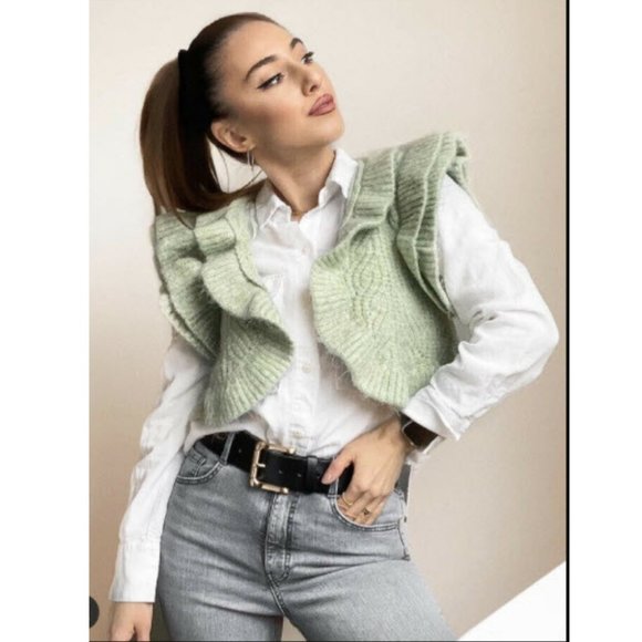 NWT ZARA KNITTED RUFFLED VEST SMALL CROPPED CARDIGAN MINT PASTEL GREEN - Picture 5 of 6